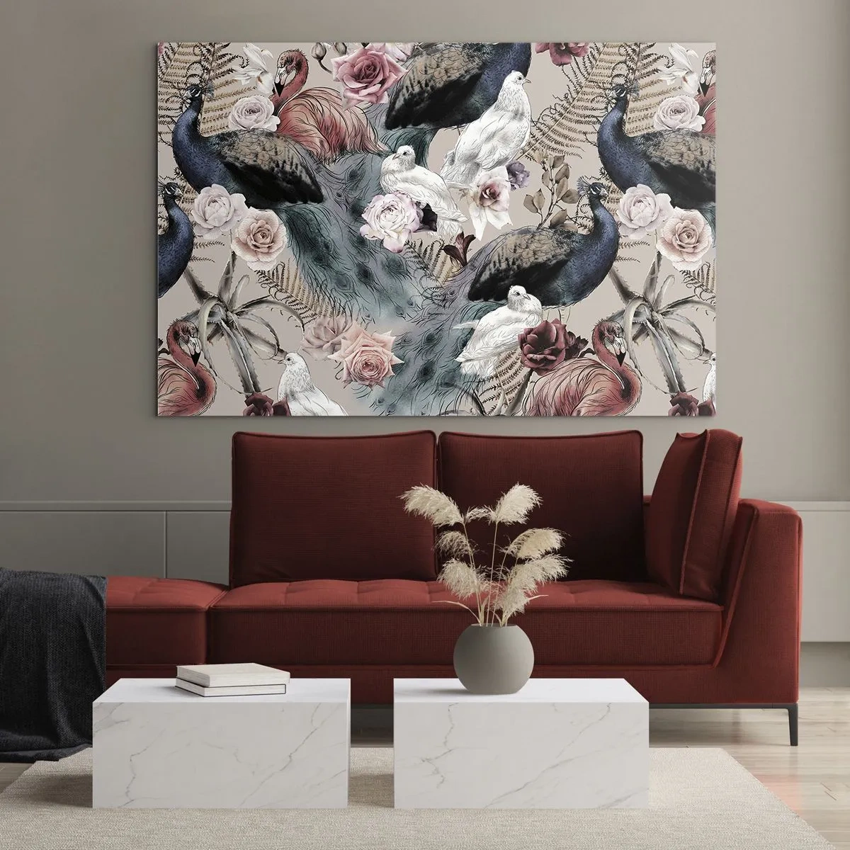 Schilderen op glas - Pauwen en flamingo's omringd door rozen en varens - 70x50cm - In de paleistuin - Moderne wanddecoratie voor woonkamer en slaapkamer ARTTOR