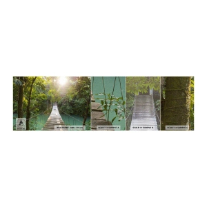 Fotobehang Monster Premium Canvas - Over het azuurblauwe water naar het azuurblauwe woud - Landschap, Oerwoud, Houten brug - 100x30 cm