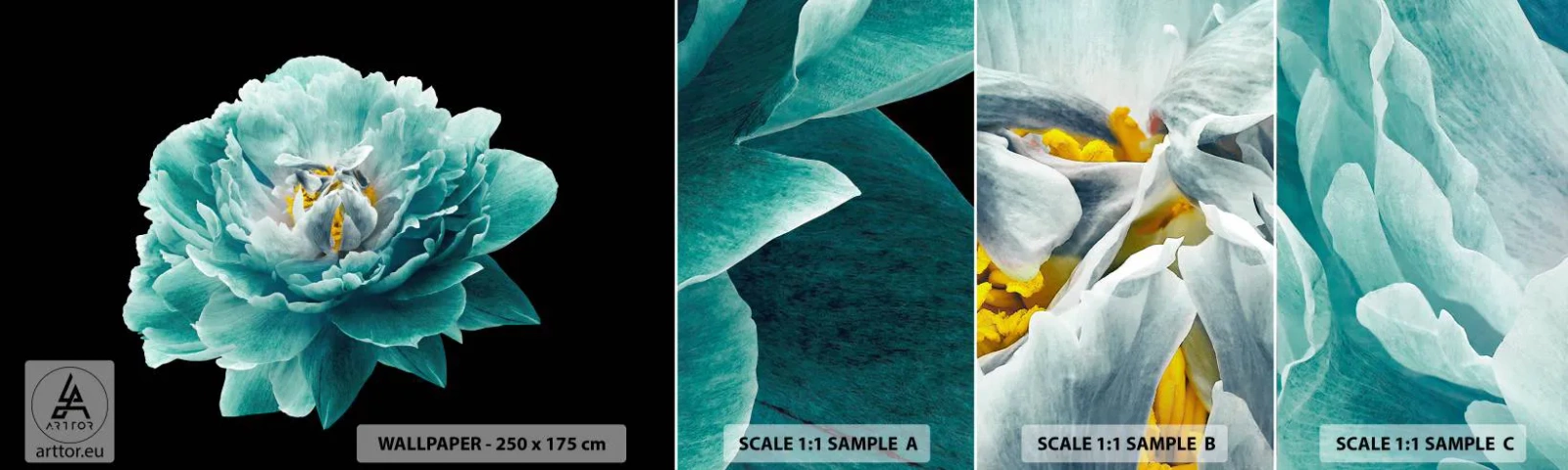 Fotobehang Staaltje Standard Eco - Blauwe en gouden bloemblaadjes - Bloem, Bloeiend, Pioen - 100x30 cm