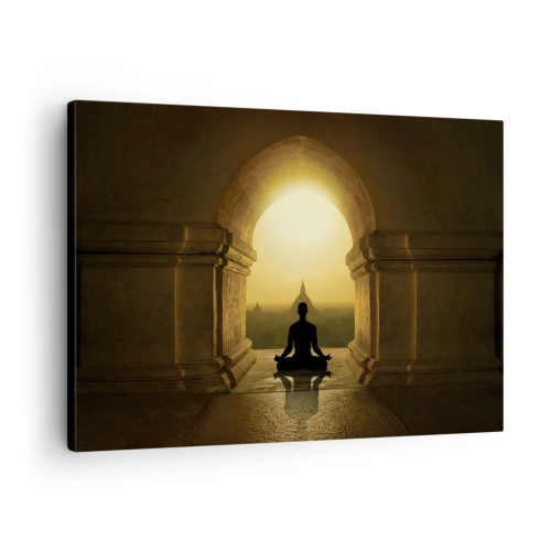 Schilderen op canvas - Silhouet van een mediterende persoon in het licht van de ondergaande zon - 70x50cm - Volledige harmonie - Moderne wanddecoratie voor woonkamer en slaapkamer ARTTOR