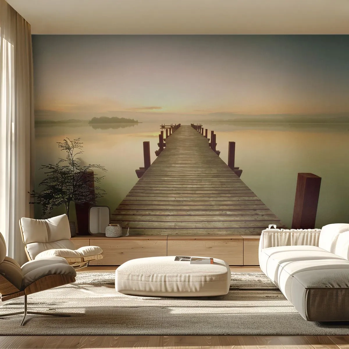 Fotobehang op maat Standard Eco - Aanbreken van de dag, licht - Landschap, Meer, Houten brug