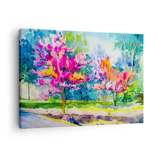 Schilderen op canvas - Kleurrijke bomen in een park in aquarelstijl - 70x50cm - Regenboogtuin in het lentelicht - Moderne wanddecoratie voor woonkamer en slaapkamer ARTTOR