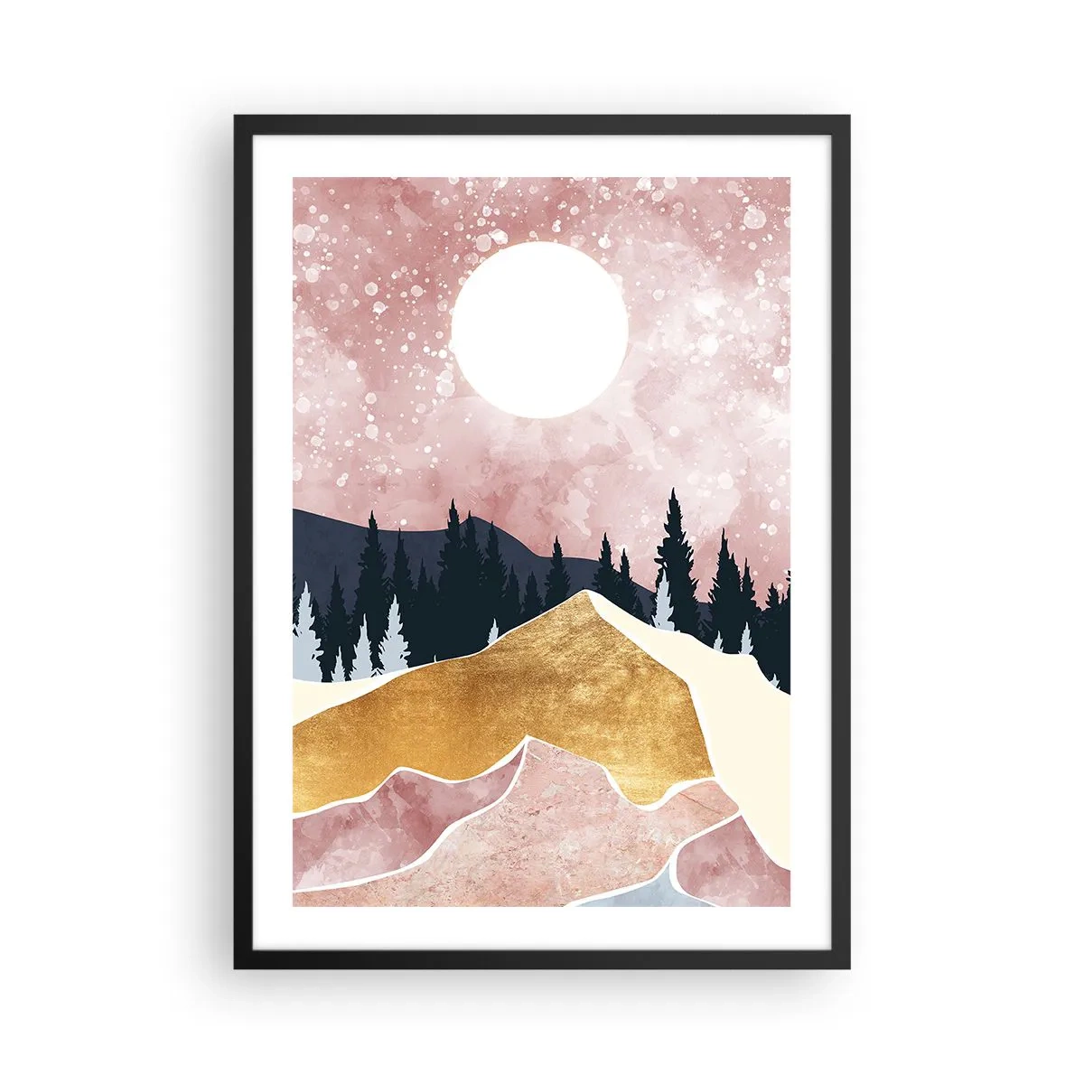 Poster in een zwarte lijst - Abstract landschap met bos, bergen en gouden accenten - 50x70cm - Nachtwacht - Moderne wanddecoratie voor woonkamer en slaapkamer ARTTOR