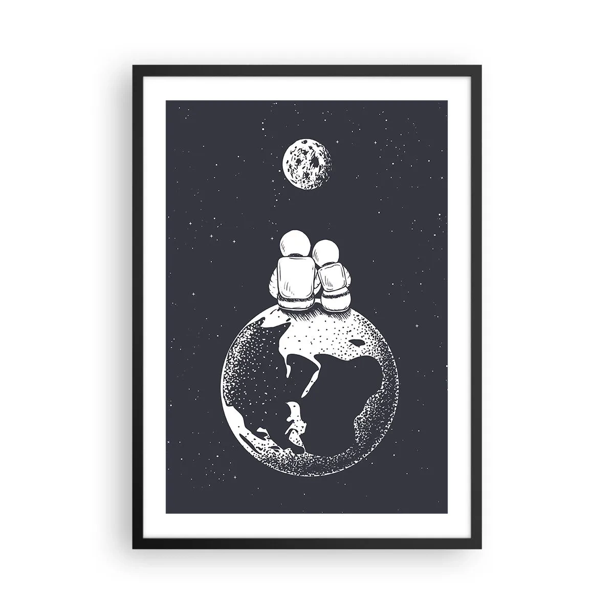 Poster in een zwarte lijst - Astronauten zitten op aarde en kijken naar de maan - 50x70cm - Een kosmisch love story - Moderne wanddecoratie voor woonkamer en slaapkamer ARTTOR
