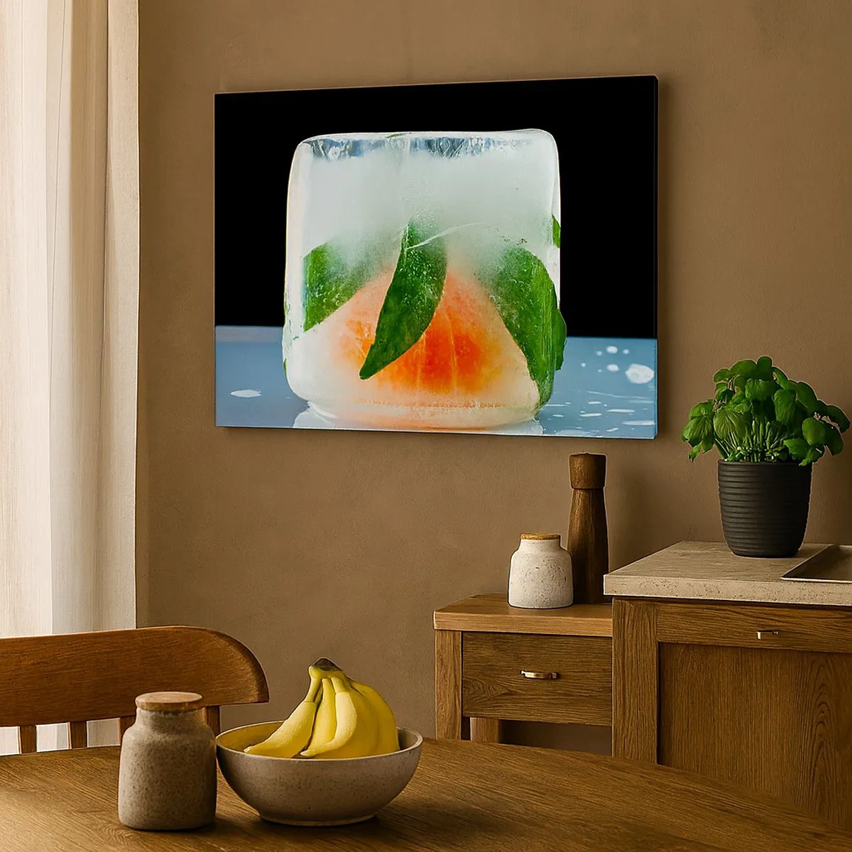 Schilderen op canvas - IJsblokje met sinaasappel en bladeren - 70x50cm - Fris en koel - Moderne wanddecoratie voor woonkamer en slaapkamer ARTTOR