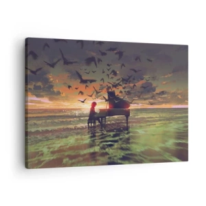 Schilderen op canvas - Een piano aan de kust bij zonsondergang met vogels - 70x50cm - Concert voor piano en golven - Moderne wanddecoratie voor woonkamer en slaapkamer ARTTOR