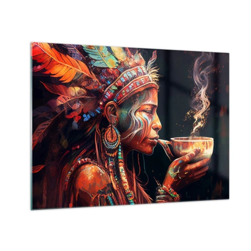 Schilderen op glas - Een figuur met een veren hoofdtooi die een drankje drinkt in een mystieke sfeer - 70x50cm - Magisch ritueel - Moderne wanddecoratie voor woonkamer en slaapkamer ARTTOR