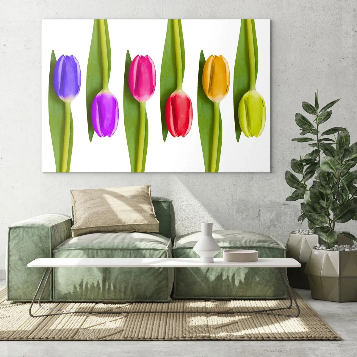 Schilderen op glas - Kleurrijke tulpen gerangschikt op een witte achtergrond - 70x50cm - Regenboog compositie - Moderne wanddecoratie voor woonkamer en slaapkamer ARTTOR