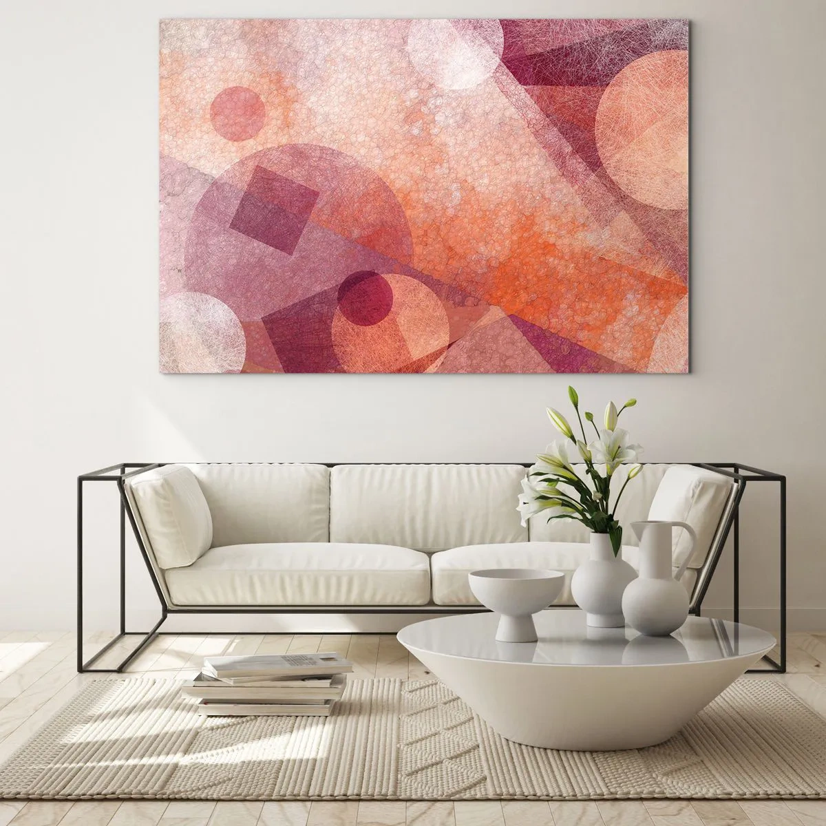 Schilderen op glas - Abstracte geometrische compositie in tinten roze en oranje - 70x50cm - Geometrische transformaties in roze - Moderne wanddecoratie voor woonkamer en slaapkamer ARTTOR