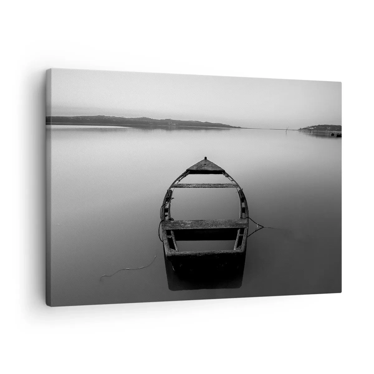 Schilderen op canvas - Een eenzame boot op een kalm meer in tinten zwart en wit - 70x50cm - Verlangen en melancholie - Moderne wanddecoratie voor woonkamer en slaapkamer ARTTOR