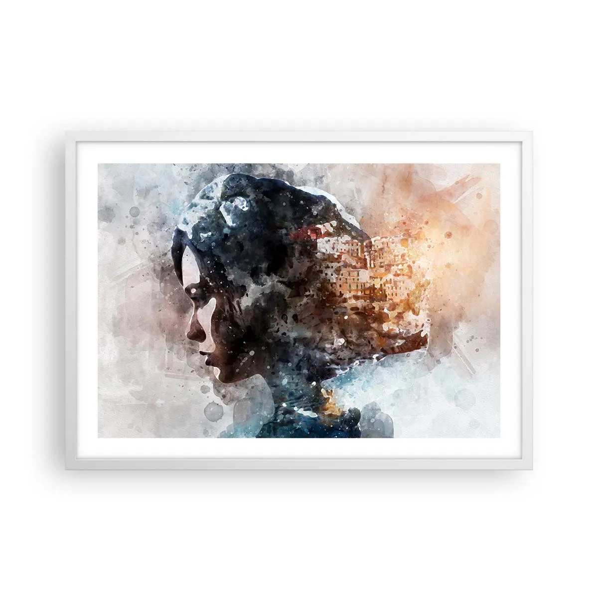 Poster in een witte lijst - Een verhaal over een meisje met een stad op de achtergrond - 70x50 cm