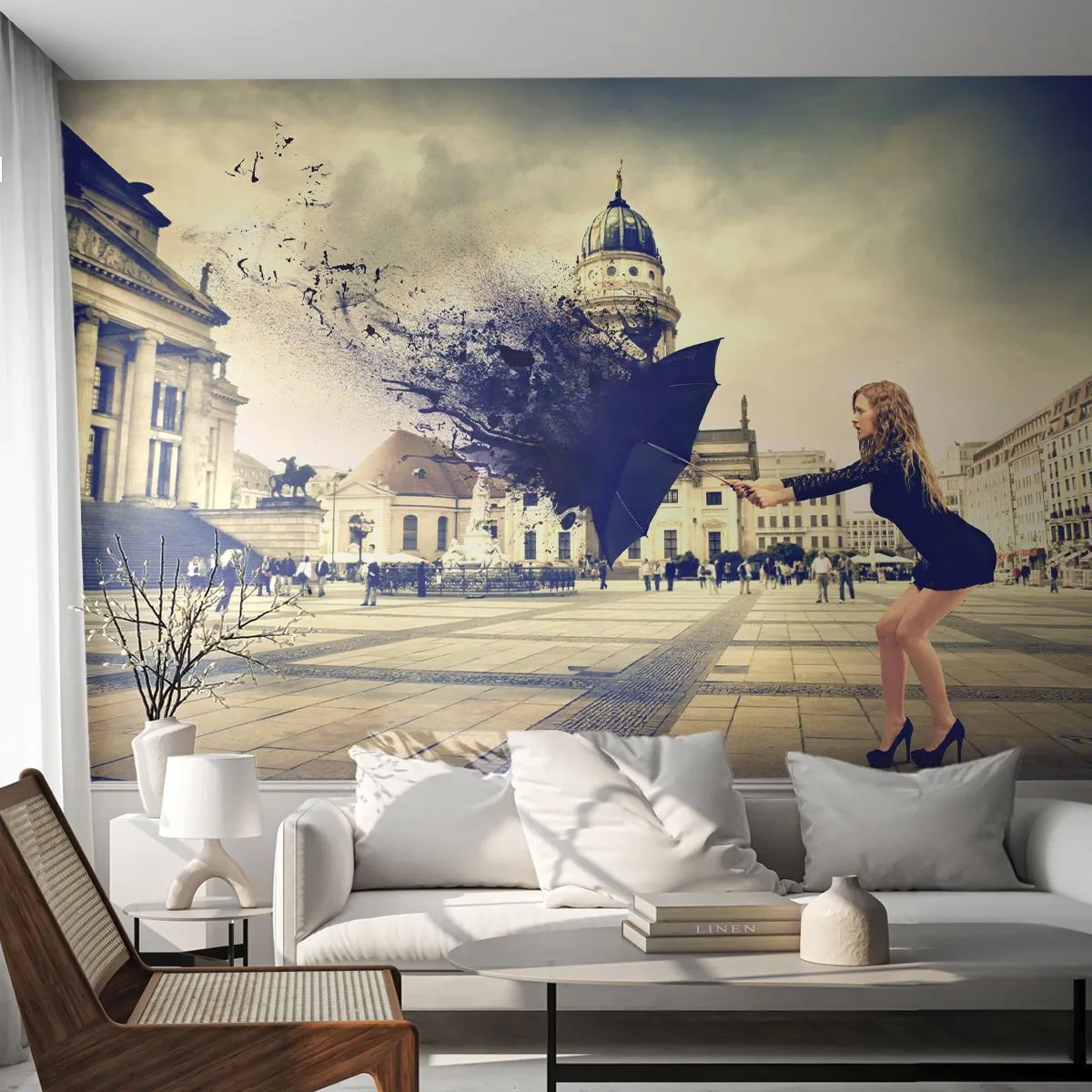 Zelfklevend Fotobehang Deluxe Sticker - Er is zo'n wind... - Vrouw, Stad, Mysterieuze paraplu - 250x175 cm