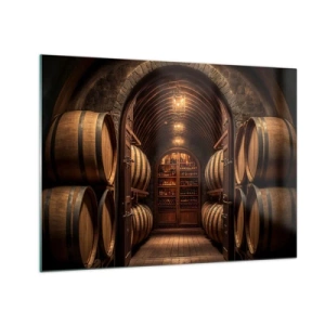 Schilderen op glas - Een wijngaard met vaten en een verlichte kelder vol flessen - 70x50cm - Sfeervolle kelder - Moderne wanddecoratie voor woonkamer en slaapkamer ARTTOR