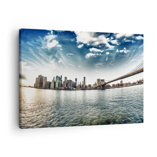 Schilderen op canvas - Panorama van de stad met een brug tegen de blauwe lucht - 70x50cm - Het glazen eiland - Moderne wanddecoratie voor woonkamer en slaapkamer ARTTOR