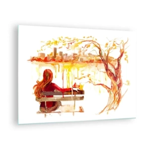 Schilderen op glas - Een figuur op een bankje met uitzicht op de stad in aquarel - 70x50cm - Een moment van bezinning - Moderne wanddecoratie voor woonkamer en slaapkamer ARTTOR