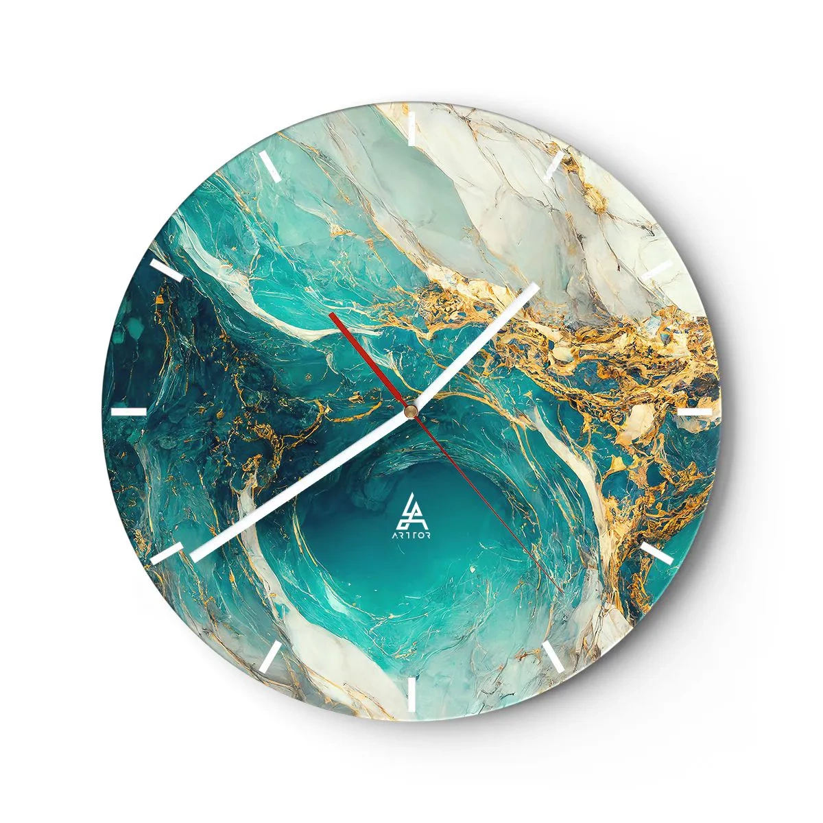 Wandklok - Klok - Turquoise abstract met wervelend goudpatroon - 30x30cm - Compositie met goudaders - Moderne wanddecoratie voor woonkamer, keuken en slaapkamer ARTTOR