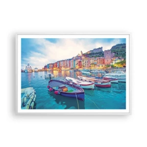 Poster in een witte lijst - Kleurrijke avond in de haven - 100x70 cm
