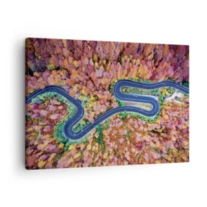 Schilderen op canvas - Een kronkelende weg in een herfstbos gezien vanuit vogelperspectief - 70x50cm - Een kronkelende weg door het bos - Moderne wanddecoratie voor woonkamer en slaapkamer ARTTOR