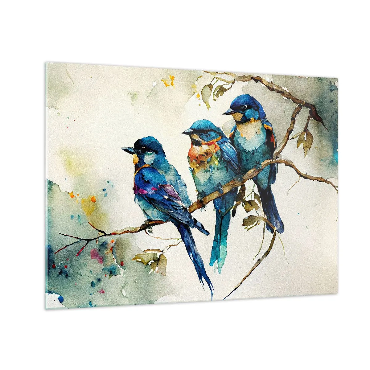 Schilderen op glas - Kleurrijke vogels die op een tak zitten in aquarel - 70x50cm - Is hij boos geworden? - Moderne wanddecoratie voor woonkamer en slaapkamer ARTTOR