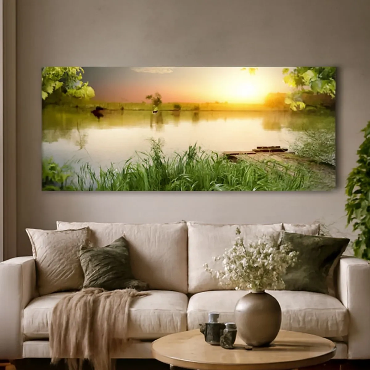 Schilderen op canvas - Landschap in een groen kader - 100x40 cm