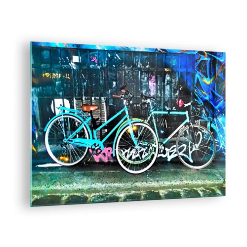 Schilderen op glas - Een stadsfiets tegen een achtergrond van graffiti en neonsfeer - 70x50cm - De stad roept - Moderne wanddecoratie voor woonkamer en slaapkamer ARTTOR