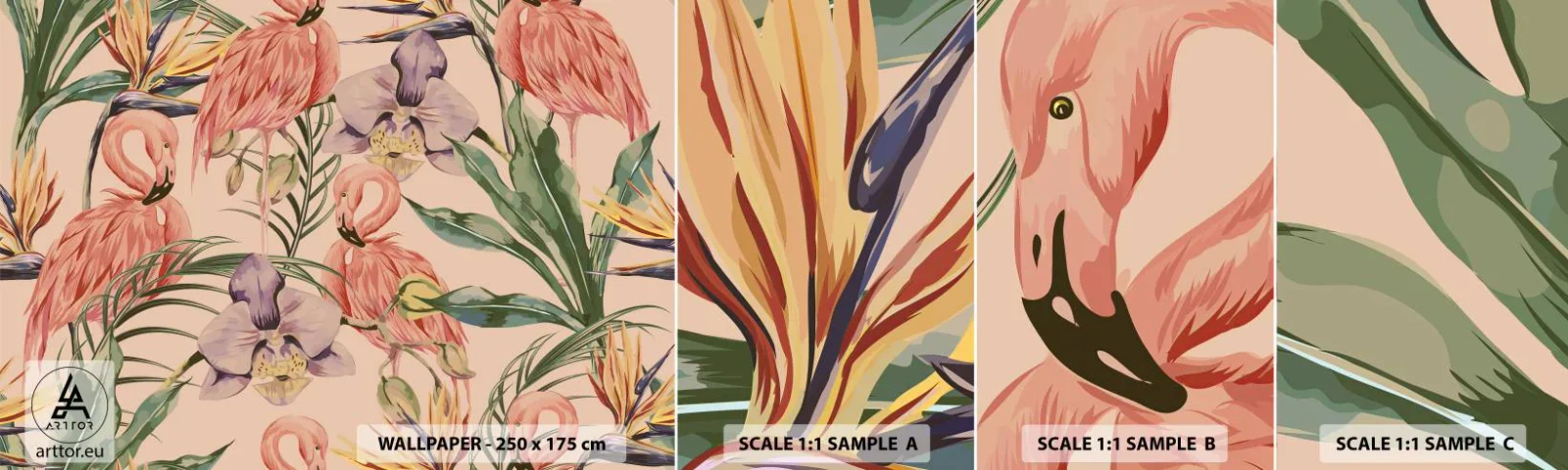 Fotobehang Staaltje Standard Eco - Roze ballet in bloemen - Vogel, Flamingo, Oerwoud - 100x30 cm