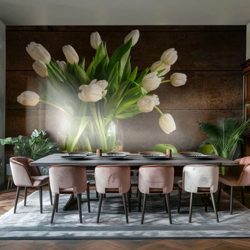 Zelfklevend Fotobehang Deluxe Sticker - Sappig en fris in groen en wit - Bloemen, Tulpen, Boeket bloemen - 350x256 cm