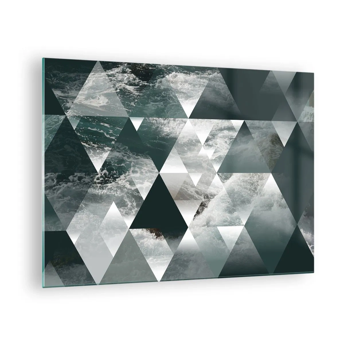 Schilderen op glas - Abstracte compositie van driehoeken met een watergolfmotief - 70x50cm - Kristal perspectief - Moderne wanddecoratie voor woonkamer en slaapkamer ARTTOR