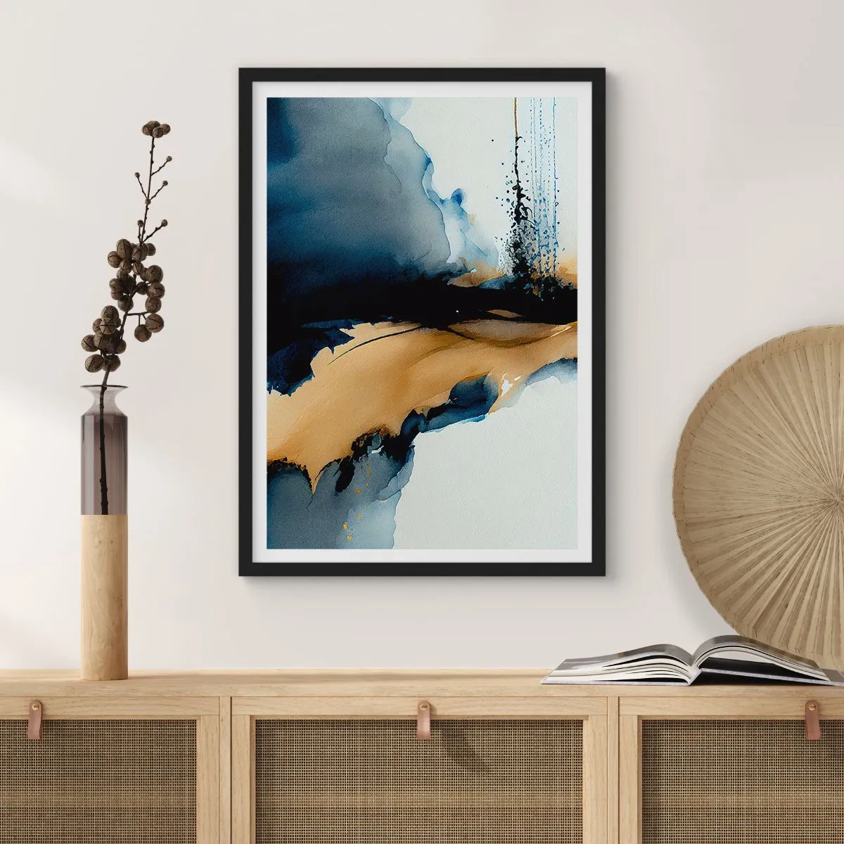 Poster in een zwarte lijst - Een abstracte compositie in tinten marineblauw en goud - 50x70cm - Achter het gordijn - Moderne wanddecoratie voor woonkamer en slaapkamer ARTTOR