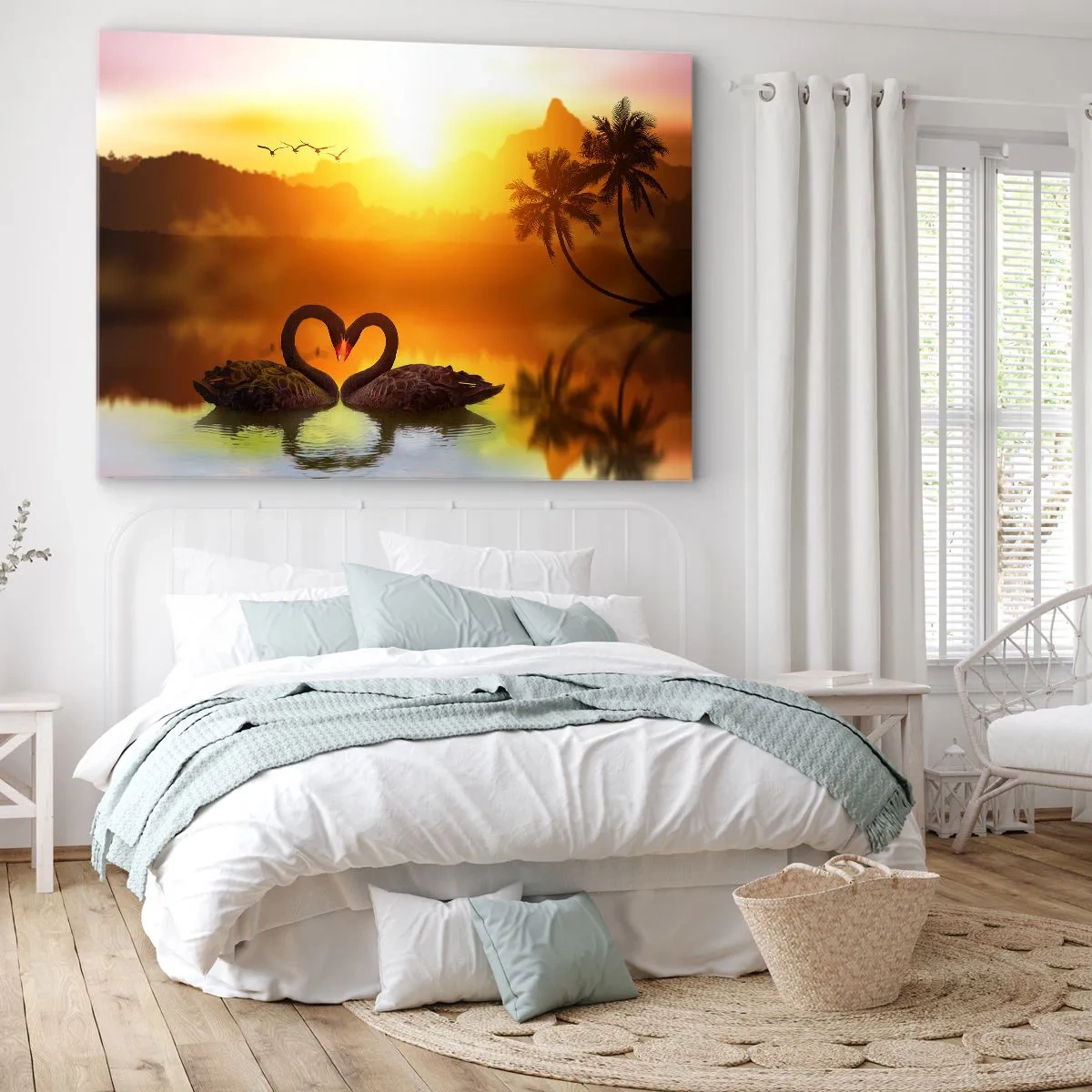 Schilderen op canvas - Twee zwarte zwanen vormen een hart tegen de achtergrond van een zonsondergang op een meer - 70x50cm - Alles gaat samen - Moderne wanddecoratie voor woonkamer en slaapkamer ARTTOR