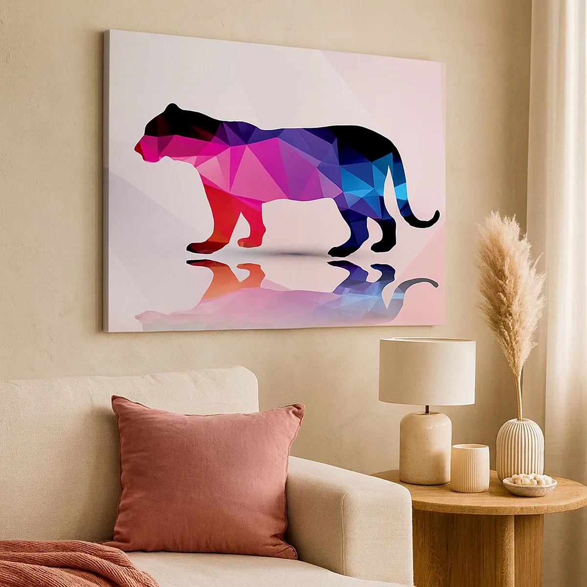 Schilderen op canvas - Geometrisch pantersilhouet in tinten roze en blauw - 70x50cm - Dimenten panter - Moderne wanddecoratie voor woonkamer en slaapkamer ARTTOR