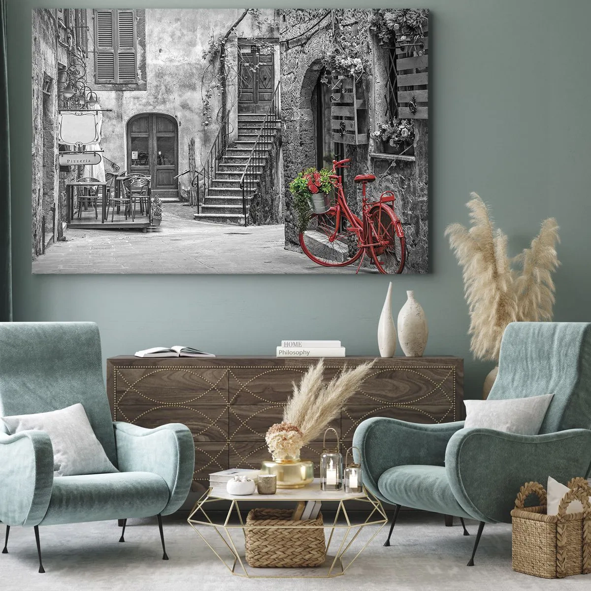 Schilderen op canvas - Een rode fiets in een zwart-witte straat - 70x50cm - Toscaanse steeg - Moderne wanddecoratie voor woonkamer en slaapkamer ARTTOR