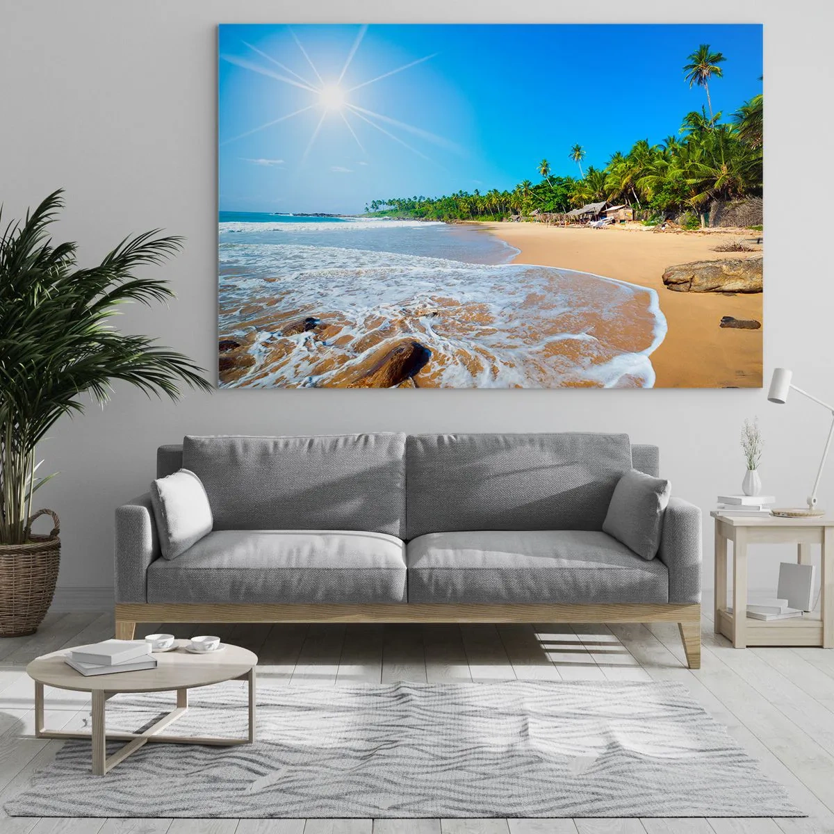 Schilderen op glas - Tropisch strand met palmbomen en golven onder een blauwe lucht - 70x50cm - Een exotische plek voor jou - Moderne wanddecoratie voor woonkamer en slaapkamer ARTTOR
