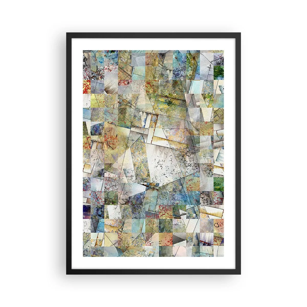 Poster in een zwarte lijst - Een abstract mozaïek van geometrische vormen in aardse tinten. - 50x70cm - Geometrische schuifeling - Moderne wanddecoratie voor woonkamer en slaapkamer ARTTOR