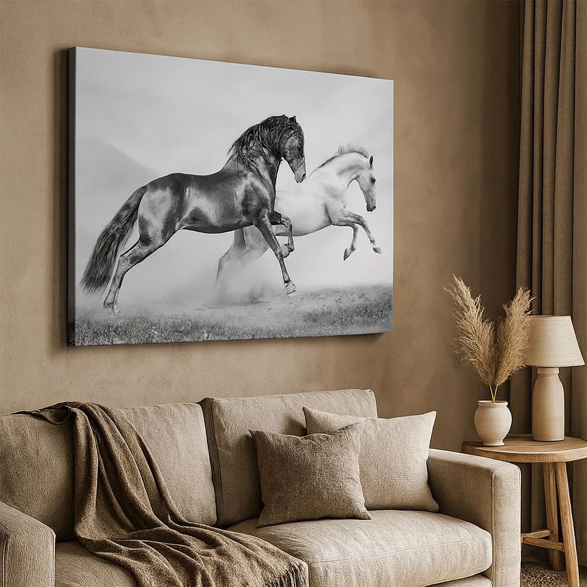 Schilderen op canvas - Twee galopperende paarden in een dynamische zwart-witcompositie - 70x50cm - Engelen en duivels - Moderne wanddecoratie voor woonkamer en slaapkamer ARTTOR