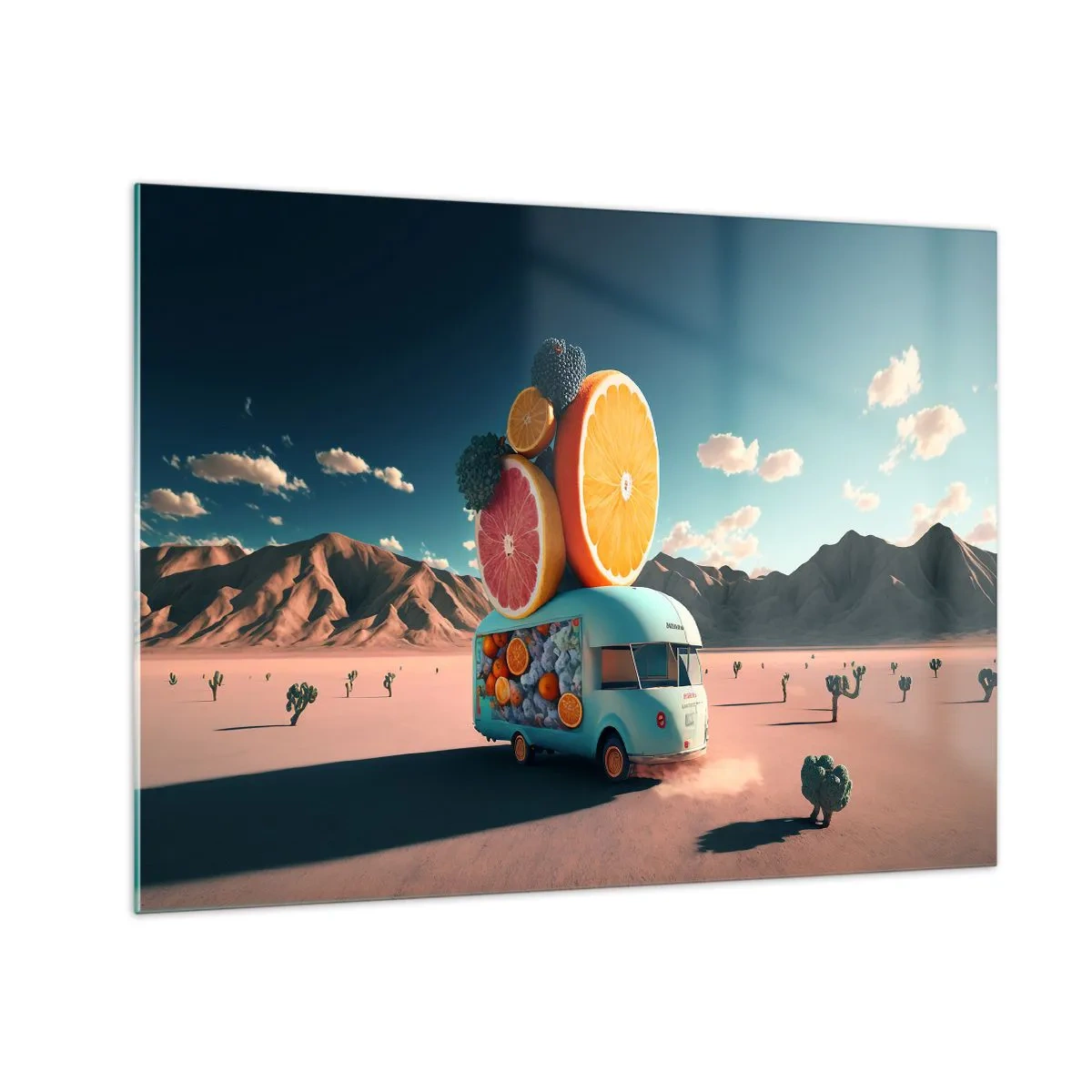 Schilderen op glas - Een turquoise camper met fruit tegen een woestijnlandschap - 70x50cm - De smaak van vakantie - Moderne wanddecoratie voor woonkamer en slaapkamer ARTTOR