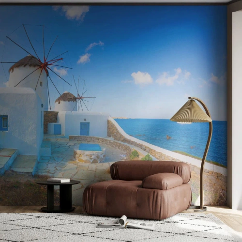 Fotobehang Premium Sand - De blauwe wind uit de zee - Architectuur, Landschap, Griekenland - 200x140 cm