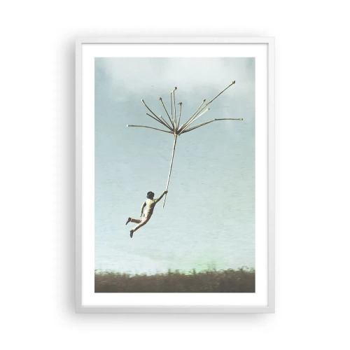 Poster in een witte lijst - Vliegers, paardebloemen, wind - 50x70 cm