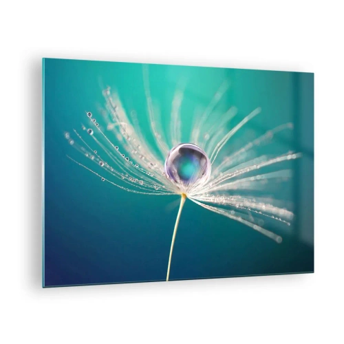 Schilderen op glas - Macrofotografie van een paardenbloemzaadje met een dauwdruppel op een turquoise achtergrond - 70x50cm - Mystiek moment - Moderne wanddecoratie voor woonkamer en slaapkamer ARTTOR