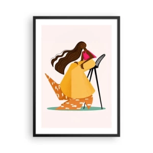 Poster in een zwarte lijst - Een gestileerde vrouwenfiguur in warme kleuren tegen een abstracte achtergrond. - 50x70cm - Fashion is ook leuk - Moderne wanddecoratie voor woonkamer en slaapkamer ARTTOR