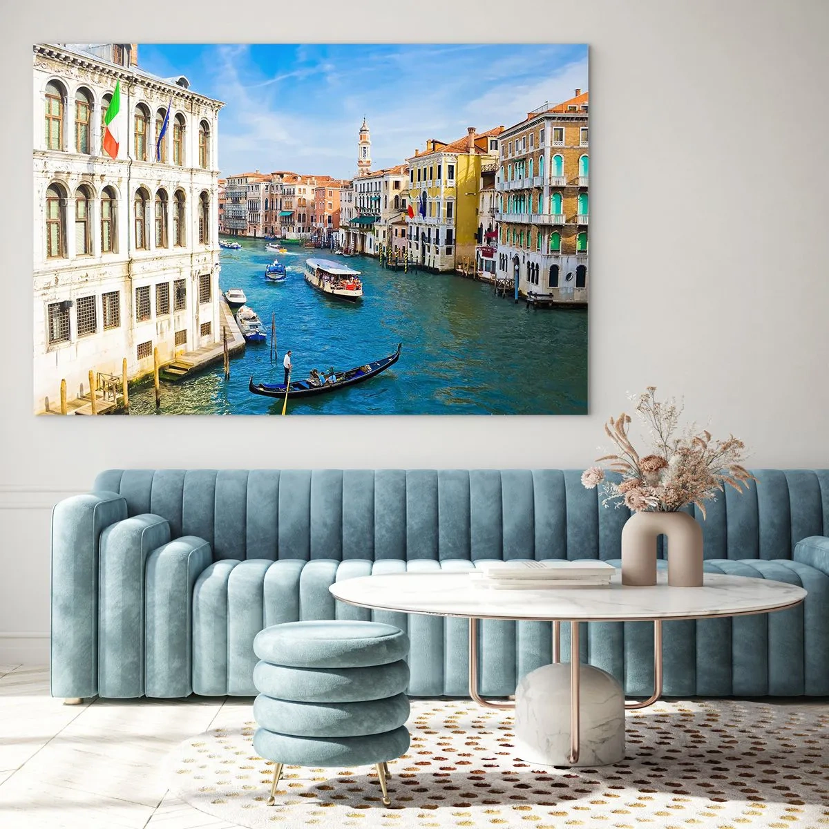Schilderen op glas - Een kanaal in Venetië met gondels en boten op het water - 70x50cm - Het enige verkeer ter wereld - Moderne wanddecoratie voor woonkamer en slaapkamer ARTTOR