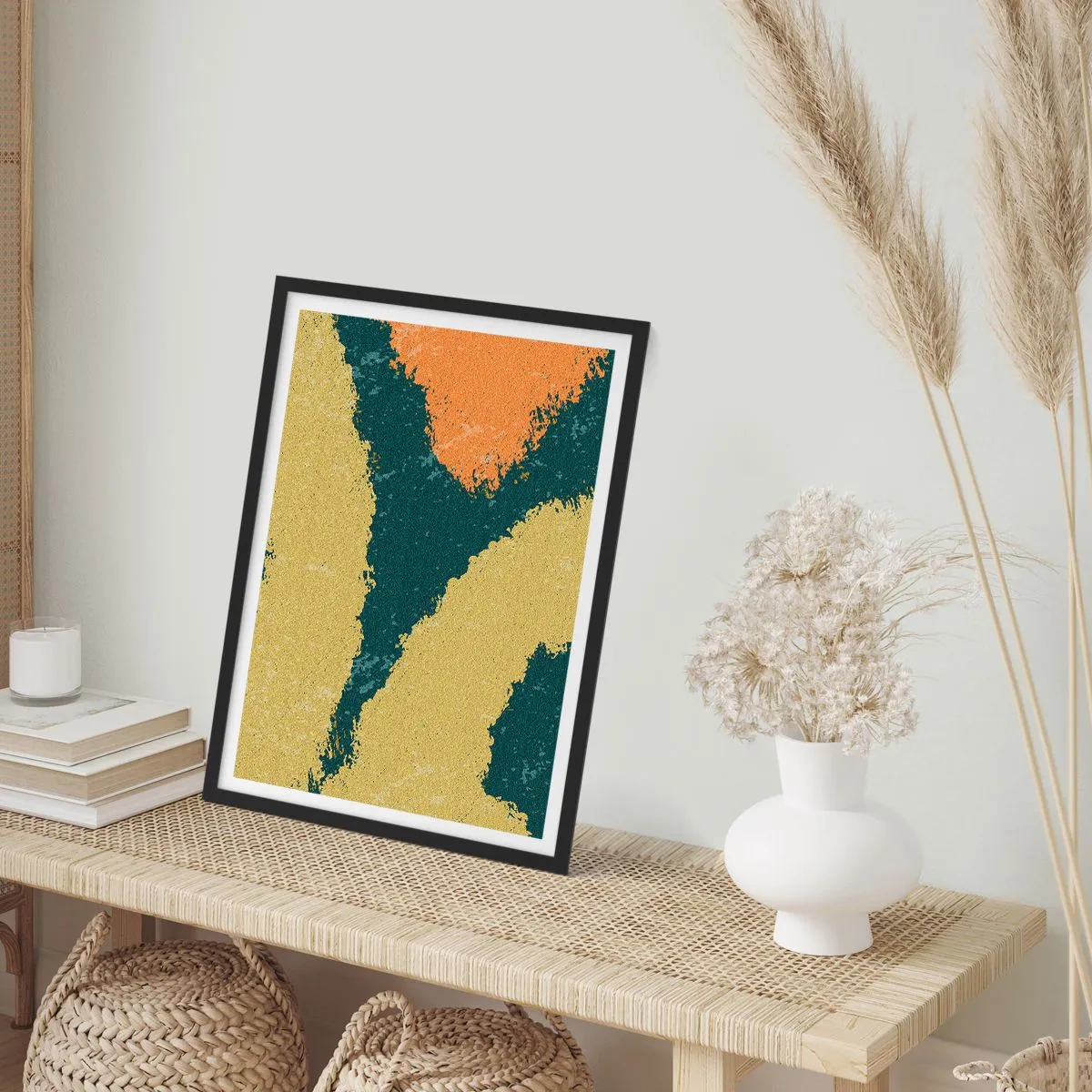 Poster in een zwarte lijst - Abstracte kleurvlekken in tinten groen en oranje - 50x70cm - Abstractie – langzame beweging - Moderne wanddecoratie voor woonkamer en slaapkamer ARTTOR