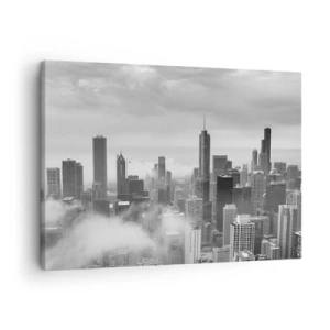 Schilderen op canvas - Stadspanorama met wolkenkrabbers in de wolken in zwart-wit - 70x50cm - Amerikaans landschap - Moderne wanddecoratie voor woonkamer en slaapkamer ARTTOR