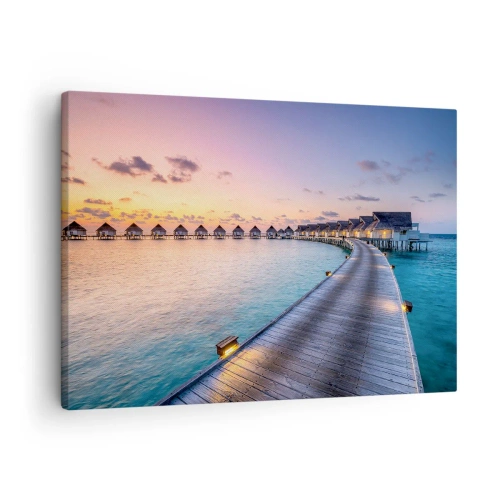 Schilderen op canvas - De pier die naar de huisjes aan het water leidt bij zonsondergang - 70x50cm - Vakantie - terug naar de bronnen - Moderne wanddecoratie voor woonkamer en slaapkamer ARTTOR