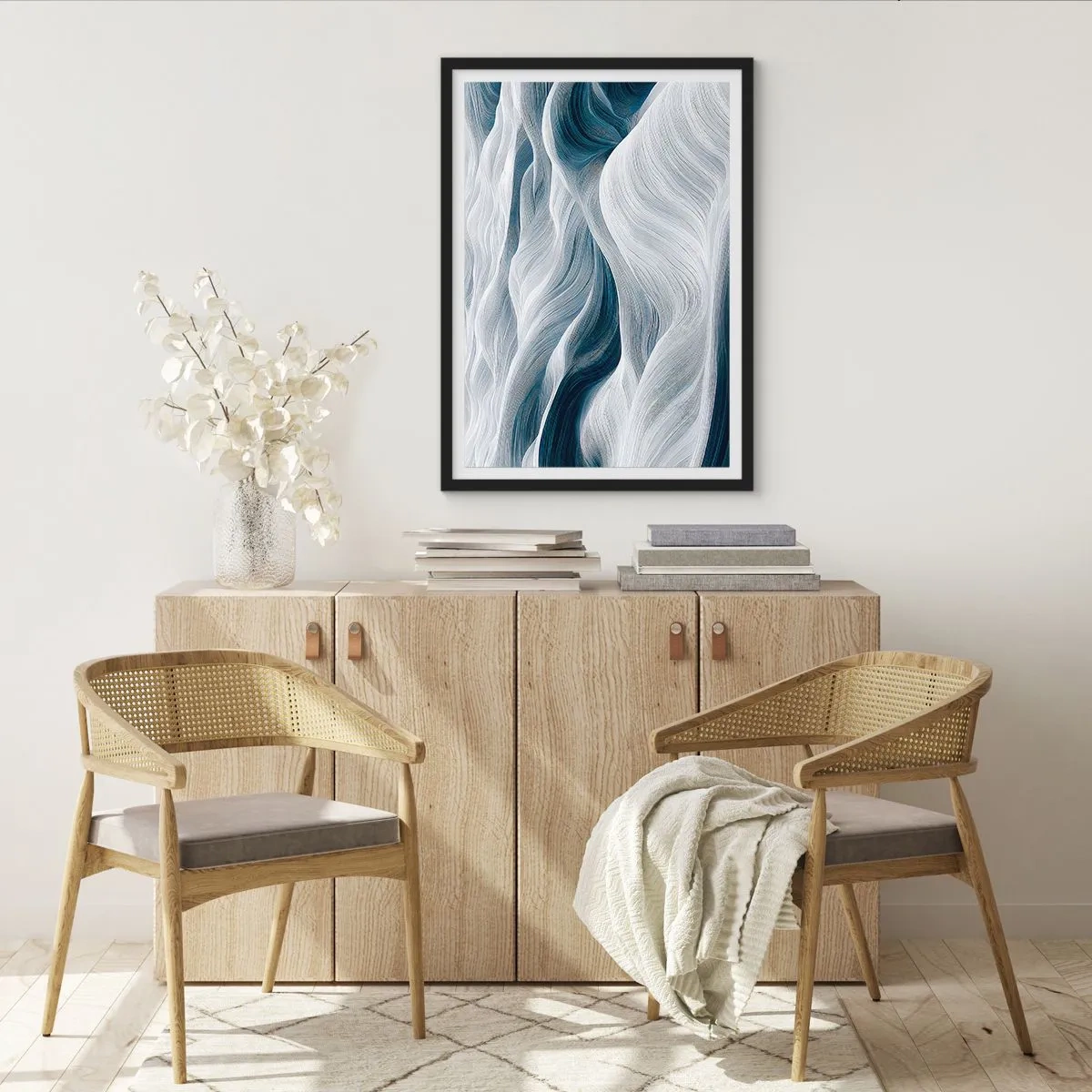 Poster in een zwarte lijst - Abstracte golven in tinten wit en marineblauw - 50x70cm - Witte en blauwe golven - Moderne wanddecoratie voor woonkamer en slaapkamer ARTTOR