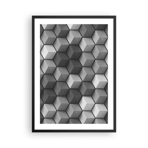 Poster in een zwarte lijst - Zwart-witcompositie van 3D geometrische kubussen - 50x70cm - Kubistische puzzel - Moderne wanddecoratie voor woonkamer en slaapkamer ARTTOR