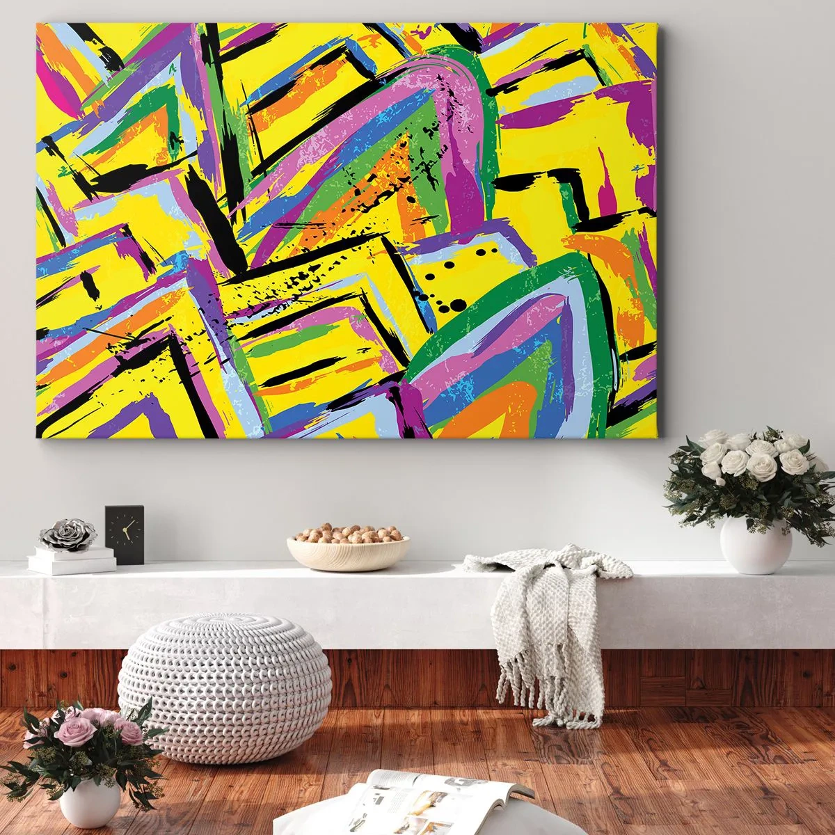 Schilderen op canvas - Levendige abstractie in heldere kleuren en dynamische vormen - 70x50cm - Tot ze schreeuwt van vreugde - Moderne wanddecoratie voor woonkamer en slaapkamer ARTTOR