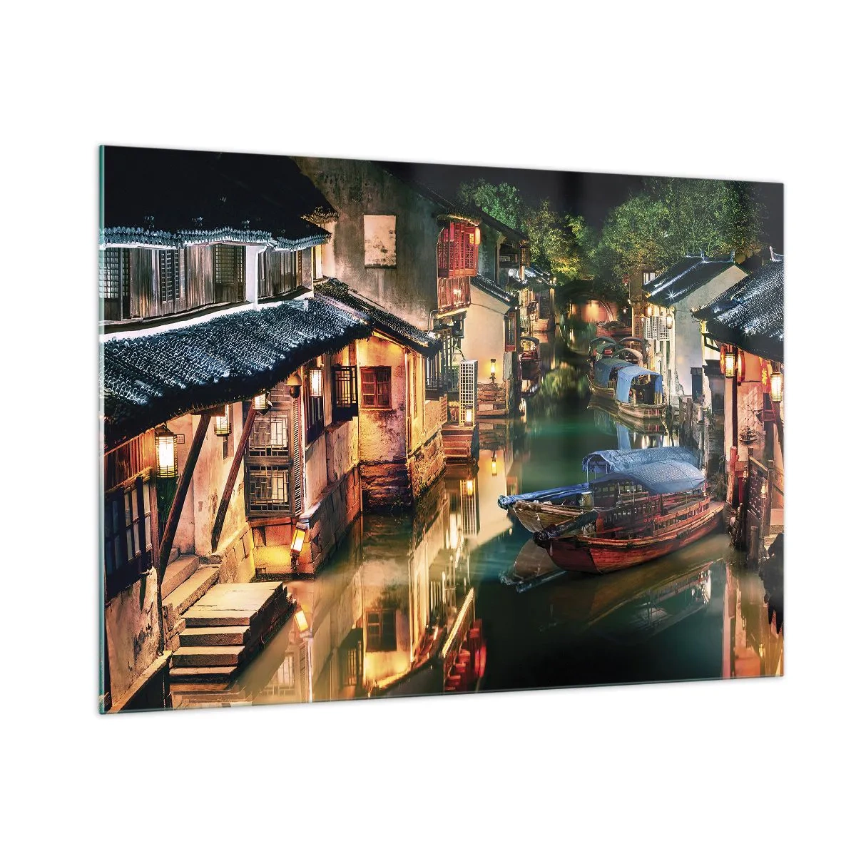 Schilderen op glas - Een avond op een Chinese straat - 100x70 cm