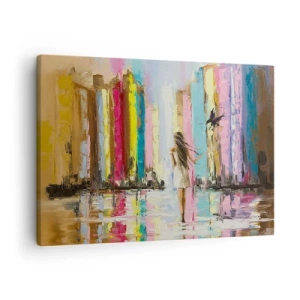 Schilderen op canvas - Een kleurrijke stad en een vrouw in een witte jurk met een vogel - 70x50cm - Volg mij - Moderne wanddecoratie voor woonkamer en slaapkamer ARTTOR