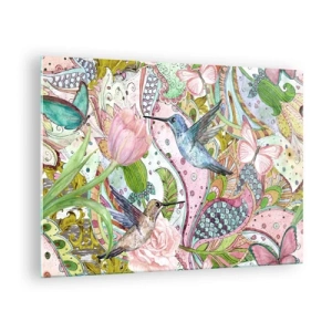 Schilderen op glas - Kleurrijke kolibries tussen bloemen en vlinders - 70x50cm - Verstrikt in wijnstokken - Moderne wanddecoratie voor woonkamer en slaapkamer ARTTOR